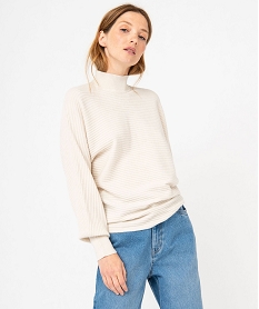 GEMO Pull à col montant en maille côtelée femme blanc chine
