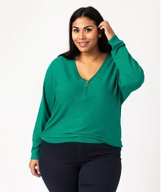 GEMO Pull col V zippé avec manches chauve-souris femme grande taille Vert