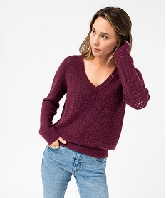 GEMO Pull col V en maille ajourée femme Violet