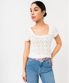 GEMO Pull manches courtes en maille ajourée et col carré femme blanc chine