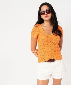 GEMO Pull manches courtes en maille ajourée et col carré femme orange standard