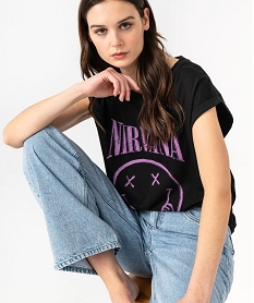 GEMO Tee-shirt à manches ultra courtes imprimé femme - Nirvana noir standard