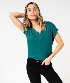 GEMO Tee-shirt à manches courtes et col V en dentelle coupe loose femme bleu canard