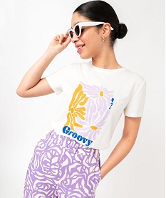 GEMO Tee-shirt manches courtes imprimé en cotonmodal femme blanc standard