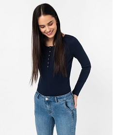 GEMO Tee-shirt manches longues col tunisien en maille côtelée femme navy