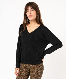 GEMO Tee-shirt à manches longues à double col V femme noir standard