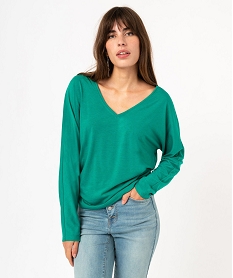 GEMO Tee-shirt à manches longues à double col V femme vert standard