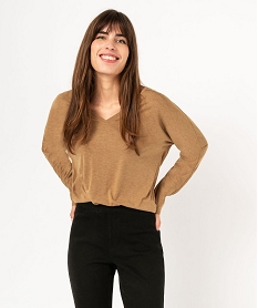 GEMO Tee-shirt à manches longues à double col V femme marron vif