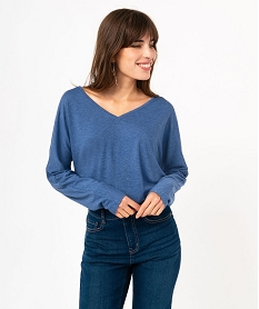 GEMO Tee-shirt à manches longues à double col V femme bleu standard