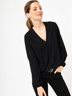 GEMO Tee-shirt à manches longues et col V femme noir standard