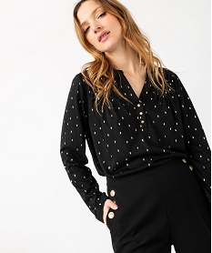 GEMO Tee-shirt à manches longues imprimé avec col boutonné femme Bleu