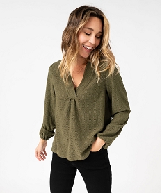 GEMO Tee-shirt à manches longues et col V en maille ajourée femme kaki standard