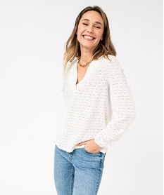 GEMO Tee-shirt à manches longues et col V en maille ajourée femme blanc chine