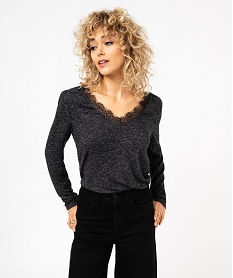 GEMO Tee-shirt à manches longues en maille avec col dentelle femme noir standard