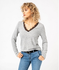 GEMO Tee-shirt à manches longues en maille avec col dentelle femme gris standard