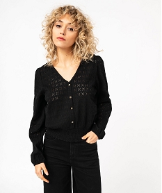 GEMO Tee-shirt à manches longues en maille ajourée femme noir standard