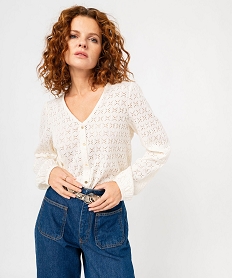 GEMO Tee-shirt à manches longues en maille ajourée femme blanc standard