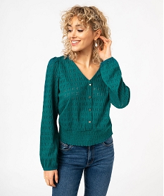 GEMO Tee-shirt à manches longues en maille ajourée femme vert standard