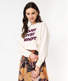 GEMO Sweat avec inscription velours et paillettes femme blanc chine