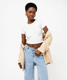 GEMO Tee-shirt manches courtes cropped en maille côtelée femme blanc chine