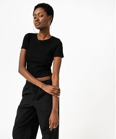 GEMO Tee-shirt manches courtes cropped en maille côtelée femme noir standard