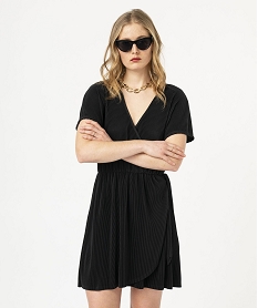 GEMO Robe portefeuille à manches courtes en maille plissée femme noir standard