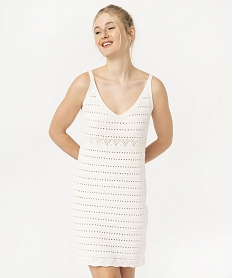 GEMO Robe courte à bretelles en maille tricotée ajourée femme blanc chine