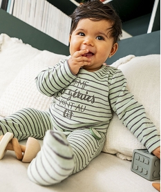GEMO Pyjama dors-bien en velours à rayures avec message bébé garçon Vert