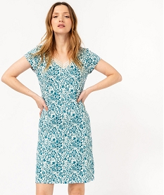 GEMO Chemise de nuit en maille extensible avec col V en dentelle femme vert standard