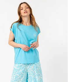 haut de pyjama a manches ultra courtes avec motif fleuri femme bleuJ932601_1