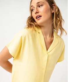 haut de pyjama forme chemise manches courtes en lin femme jaune pyjamas ensembles vestesJ933201_2