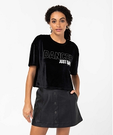 GEMO Tee-shirt femme en velours avec strass - Just Dance Noir