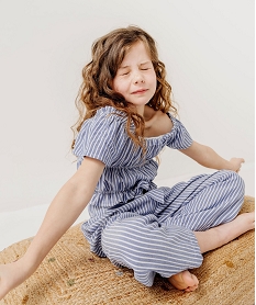 GEMO Blouse à manches courtes rayée à finitions froncées fille Bleu