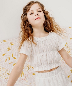 GEMO Blouse à manches courtes ajourée à finitions froncées fille blanc chine