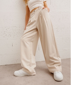 pantalon large et souple a taille haute et fines rayures fille beige pantalonsK023301_1