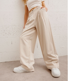 GEMO Pantalon large et souple à taille haute et fines rayures fille Beige