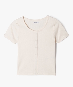 GEMO Tee-shirt manches courtes à côtes et faux boutons fille blanc chine