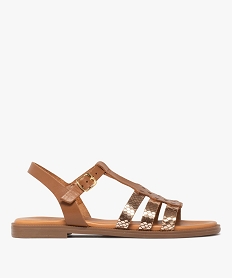 GEMO Sandales femme dessus en cuir avec brides fantaisie et bride cheville à boucle Brun