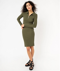 GEMO Robe en maille côtelée à manches longues et col zippé femme kaki standard