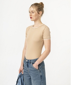 GEMO Tee-shirt à manches courtes avec finitions dentelées femme beige standard