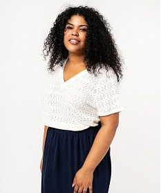 GEMO Tee-shirt grande taille manches courtes en maille ajourée femme blanc chine