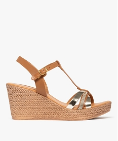 GEMO Sandales femme à talon compensé en cuir avec bride centrale et à strass marron standard