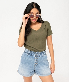 GEMO Tee-shirt manches courtes en maille texturée à col V femme Vert