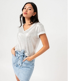 GEMO Tee-shirt manches courtes col V à paillettes femme argente