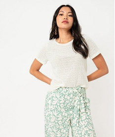 GEMO Tee-shirt à manches courtes en maille ajourée esprit crochet femme Beige