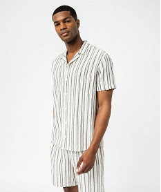 GEMO Chemise manches courtes et col cubain en coton tissé rayé homme raye noir et blanc
