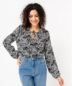 GEMO Blouse manches longues à motifs fleuris femme Noir