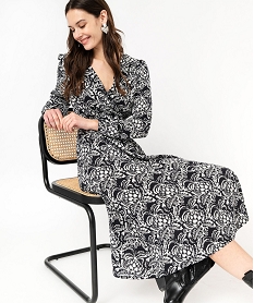 GEMO Robe longue à motifs fleuris décolleté cache-coeur femme Noir