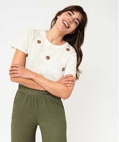 GEMO Tee-shirt manches courtes à motifs brodés femme blanc chine