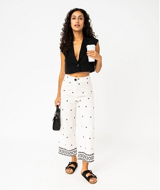 GEMO Pantacourt en coton et lin à motifs brodés femme Beige